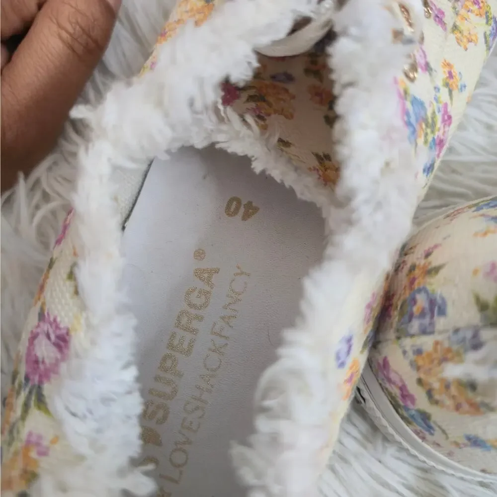 Superga X LoveShackFancy Cream Floral Coquette Canvas Fringe Sneakers